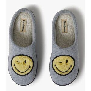 Dearfoams Womens Memory Foam Smiley Face Slippers Size L 11-12 Gray & Yellow